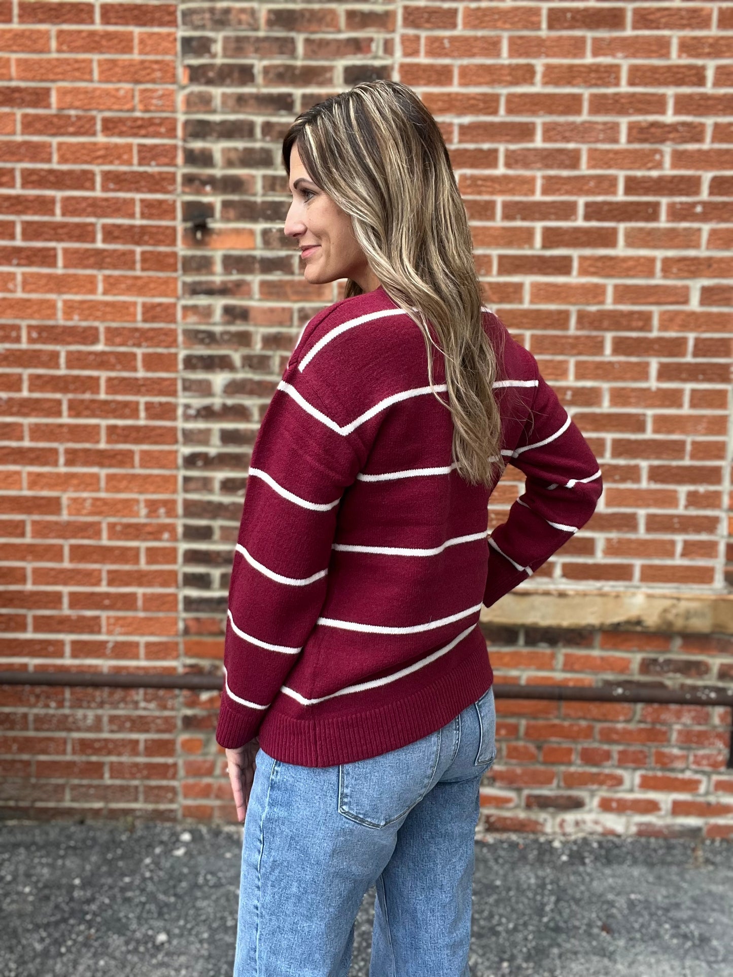 The Mara Wine Stripped Sweater