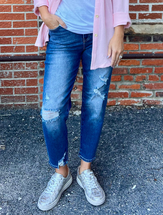 The Leslie Girlfriend Dark Distressed Jeans