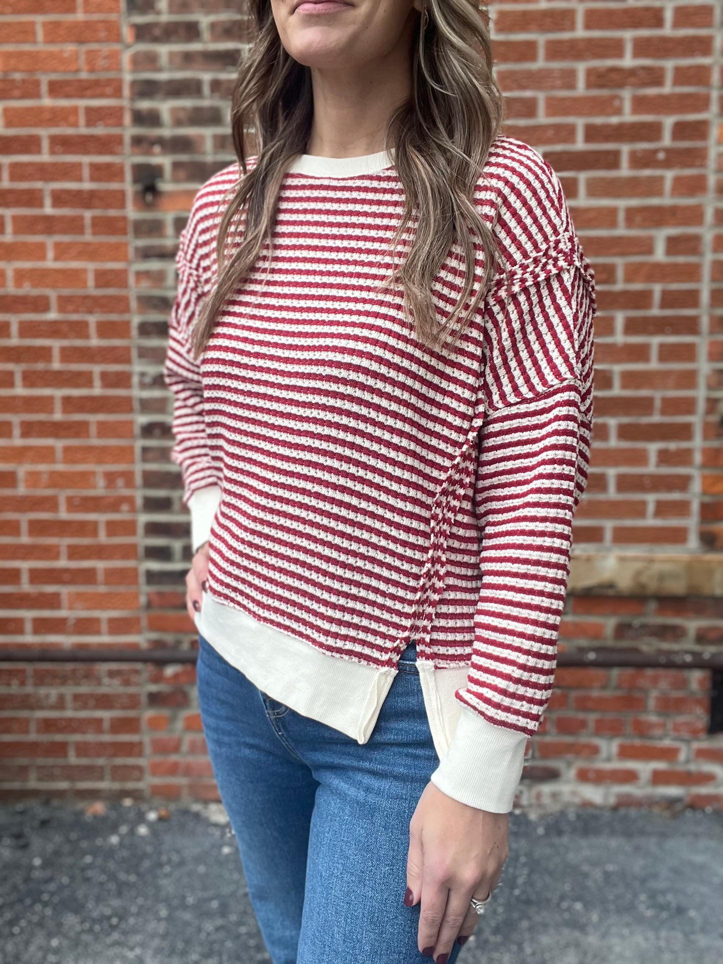 The Nelle Red And Cream Striped Long Sleeve Top