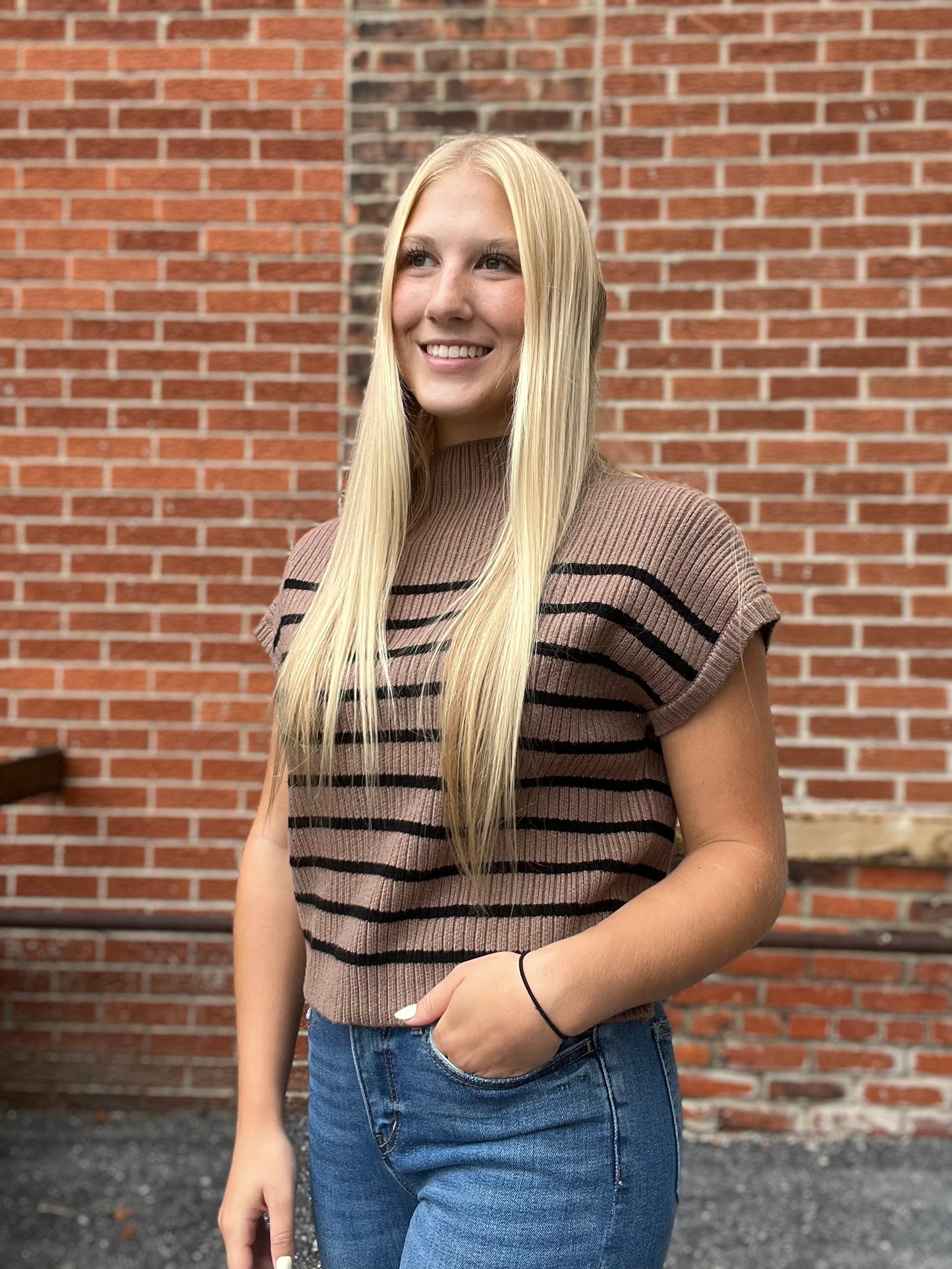 The Lara Striped Mock Neck Knit Sweater