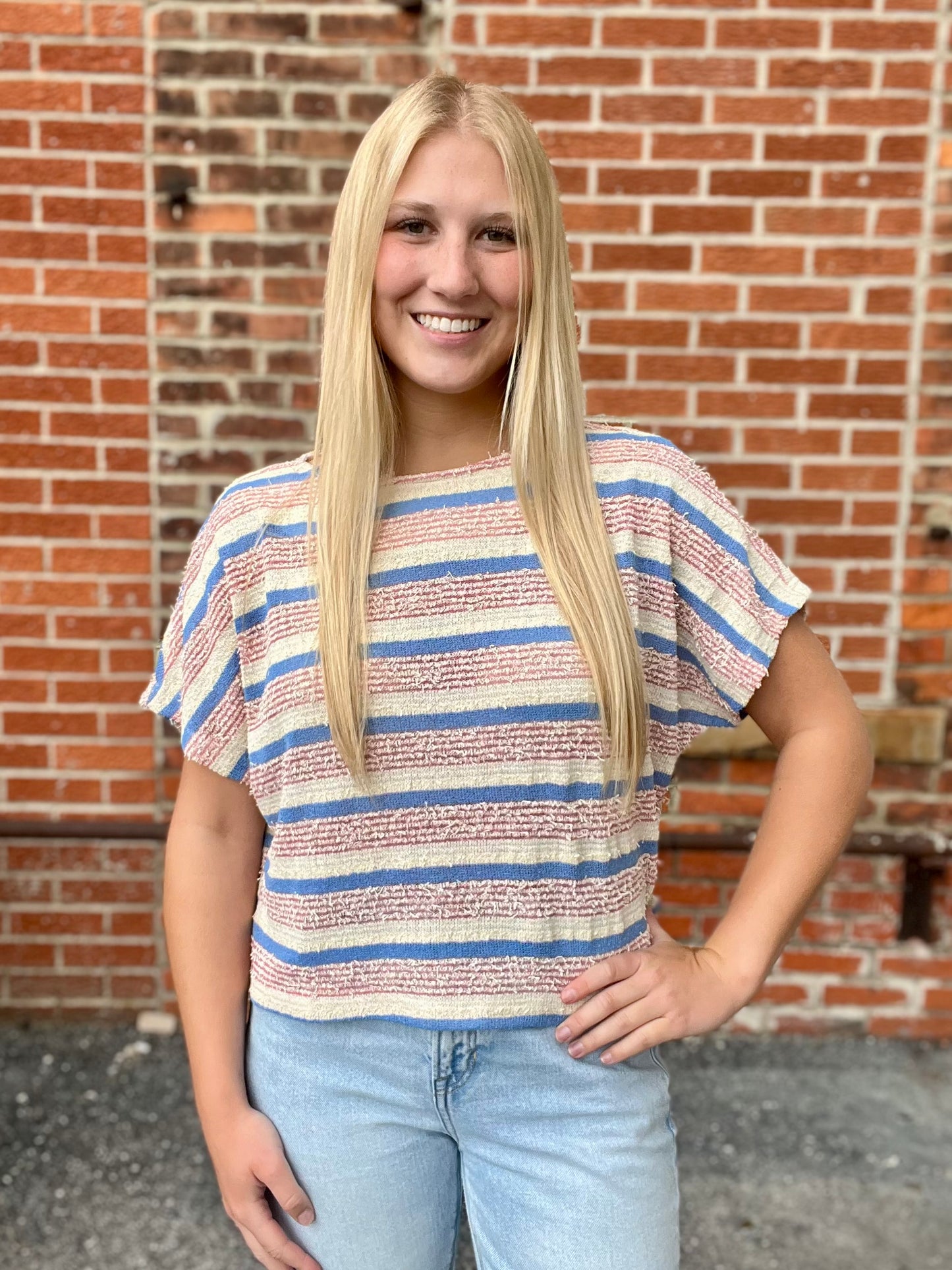 The Eira Tweed Textured Striped Crop Knit Top