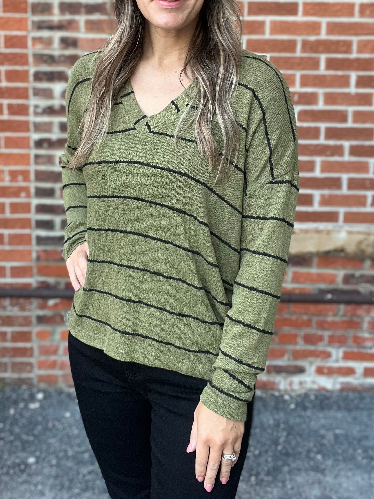 The Regie Olive Striped Long Sleeve Top