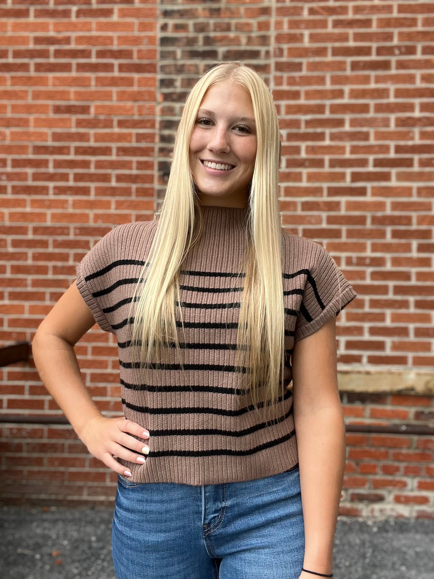 The Lara Striped Mock Neck Knit Sweater