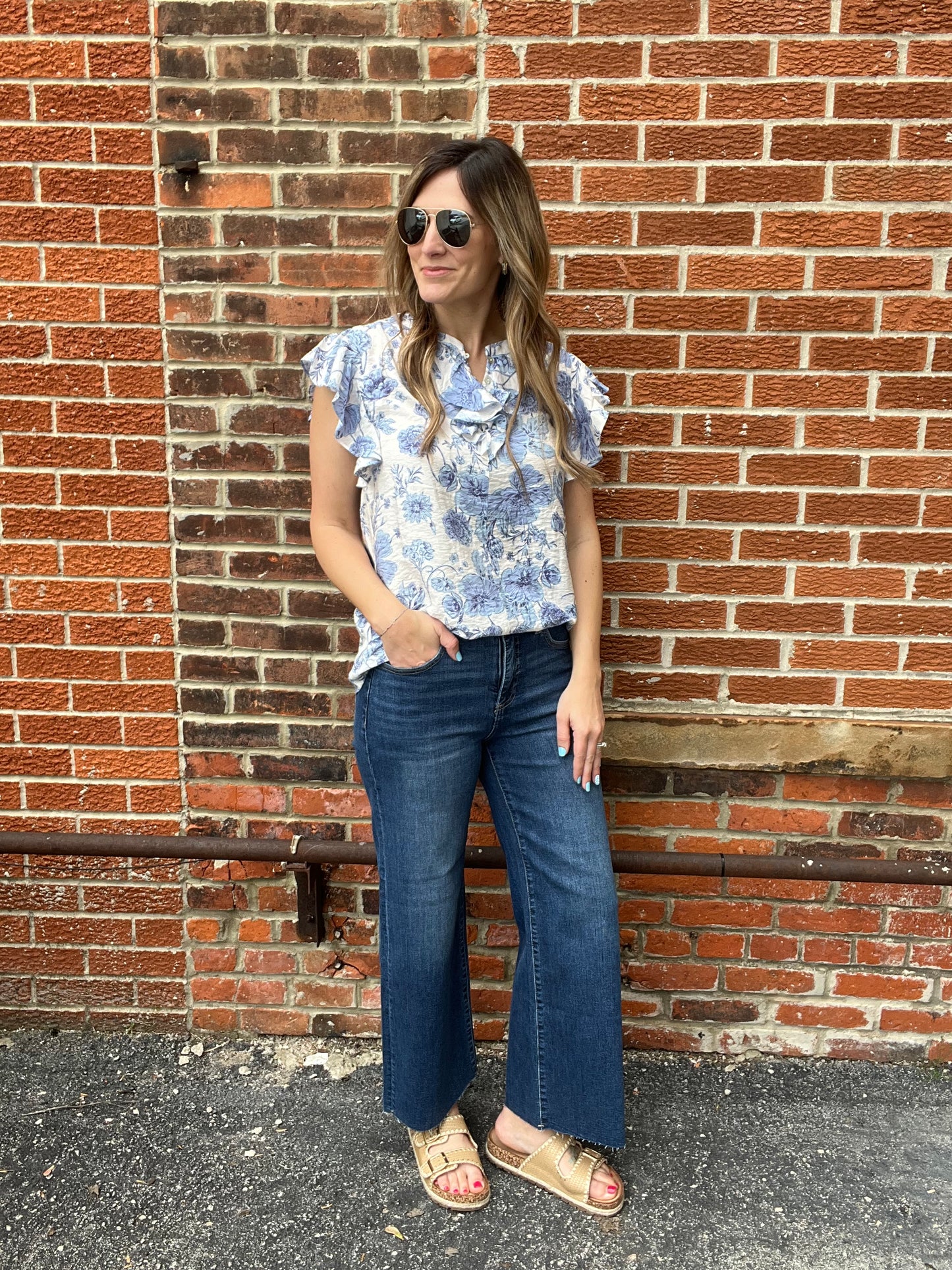 The Kaleigh Blue Floral Ruffle Blouse