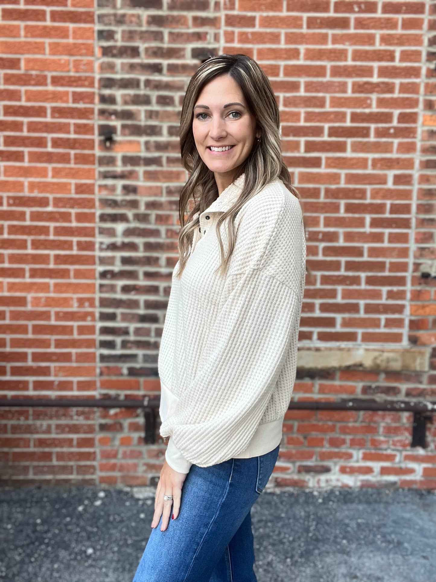 The Bricklynn Waffle Knit Quarter Snap Pull Over
