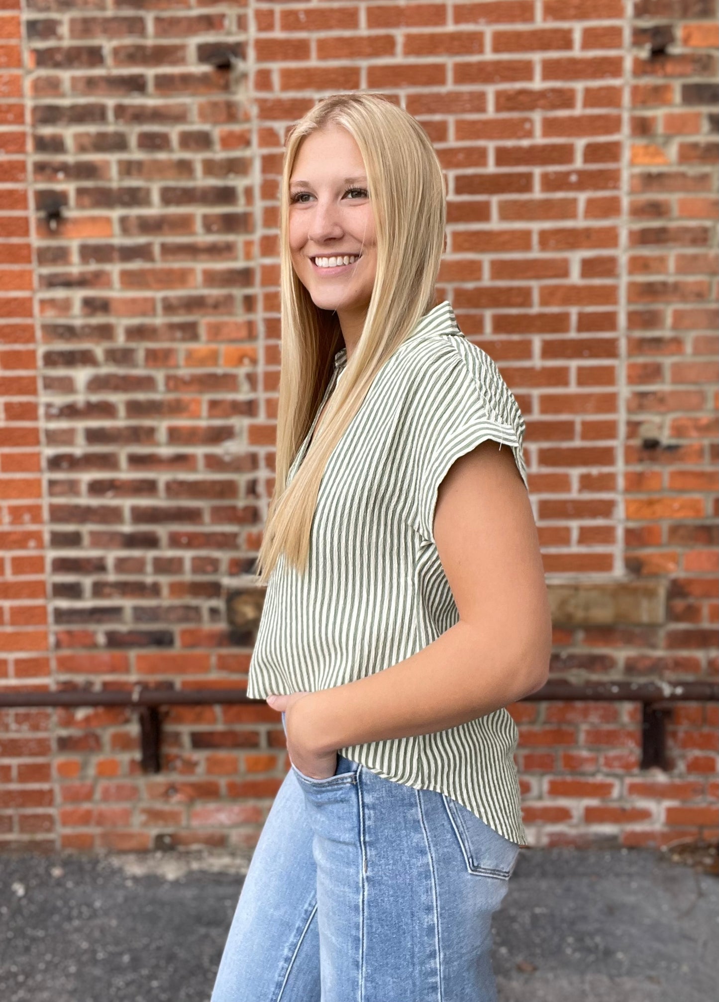 The Delaney Stripe Collared V Neckline Shirt