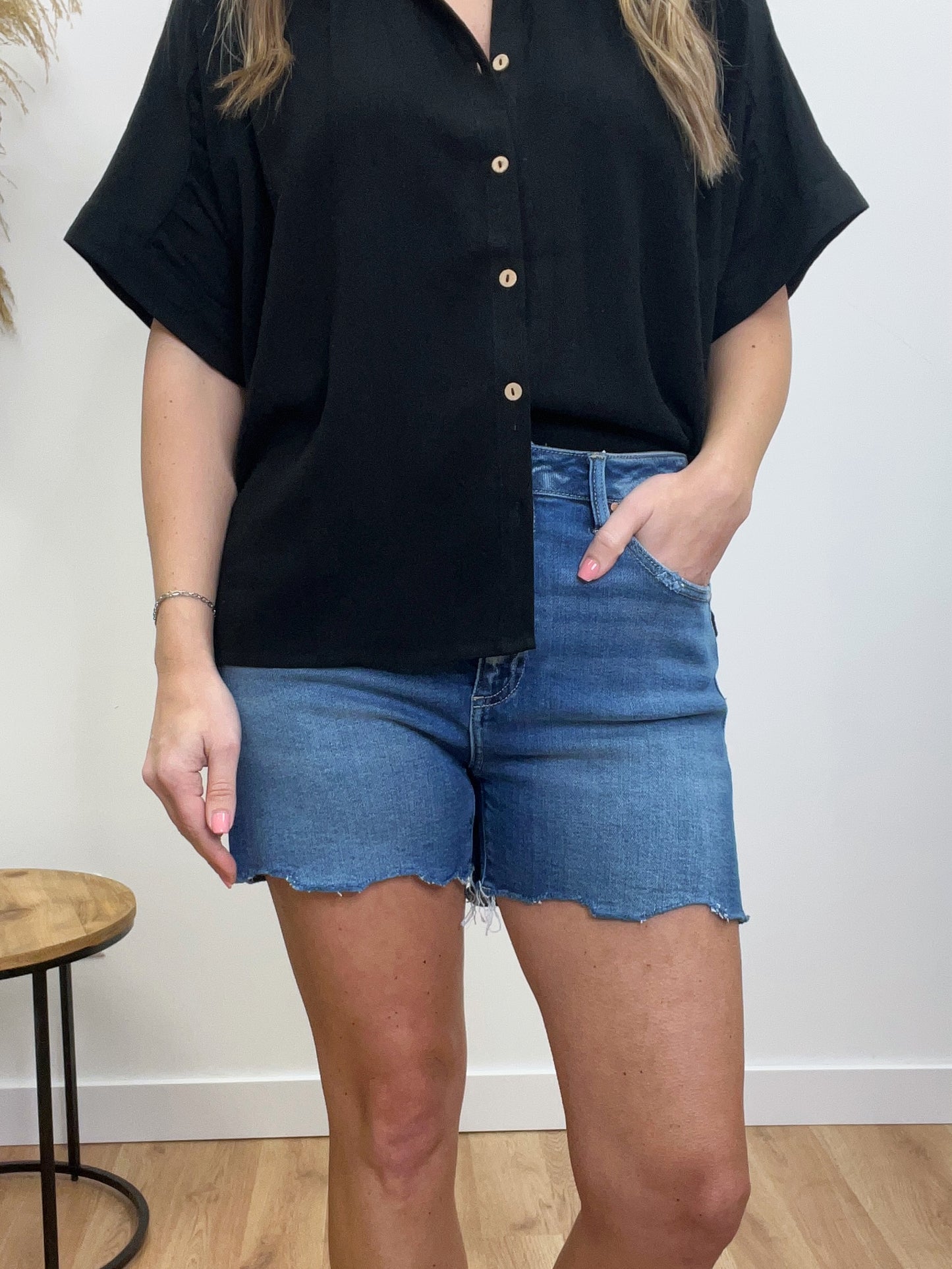 The Nimah RISEN High Rise Raw Hem Shorts