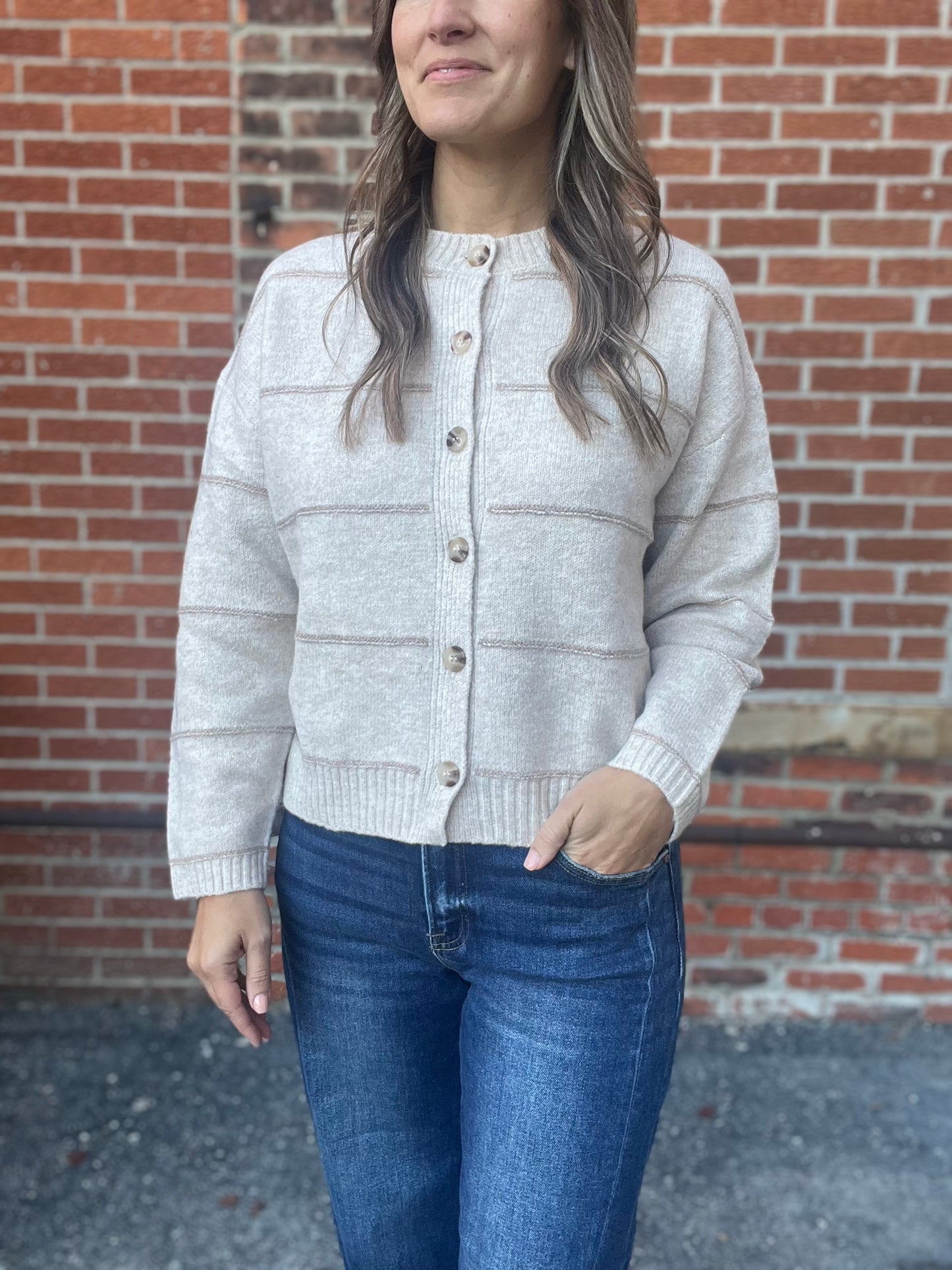 The Andi Oatmeal Stripe Button Down Cardigan