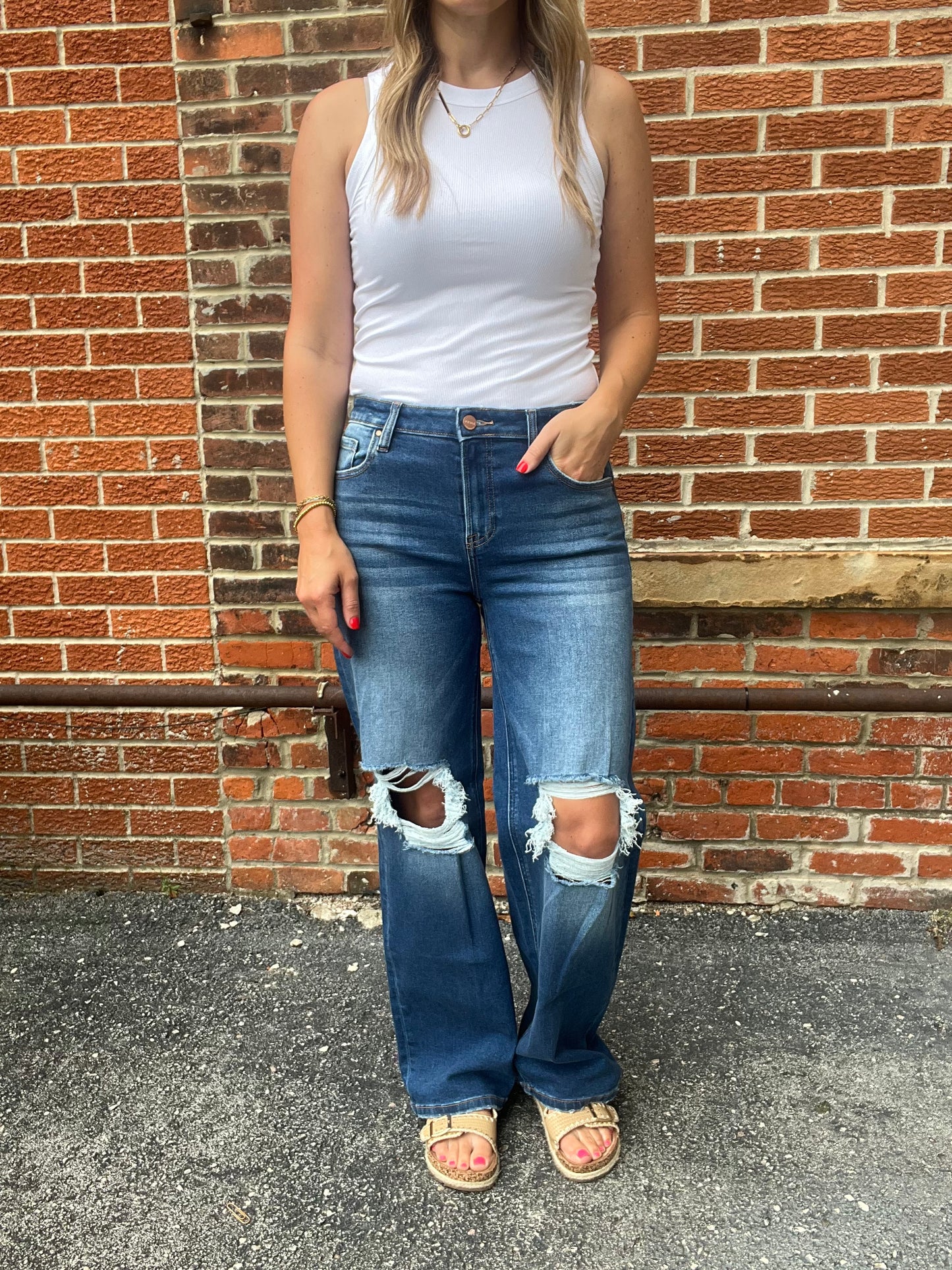 The Lark Mid Waist Knee Distressed Jeans