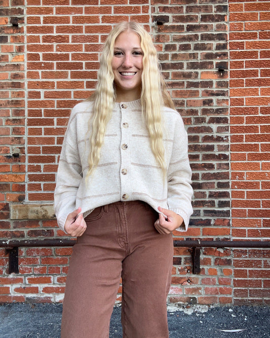 The Andi Oatmeal Stripe Button Down Cardigan