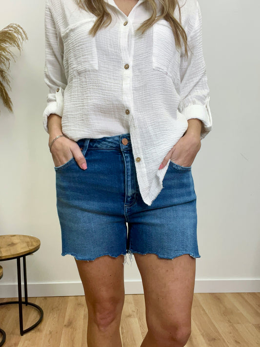 The Nimah RISEN High Rise Raw Hem Shorts