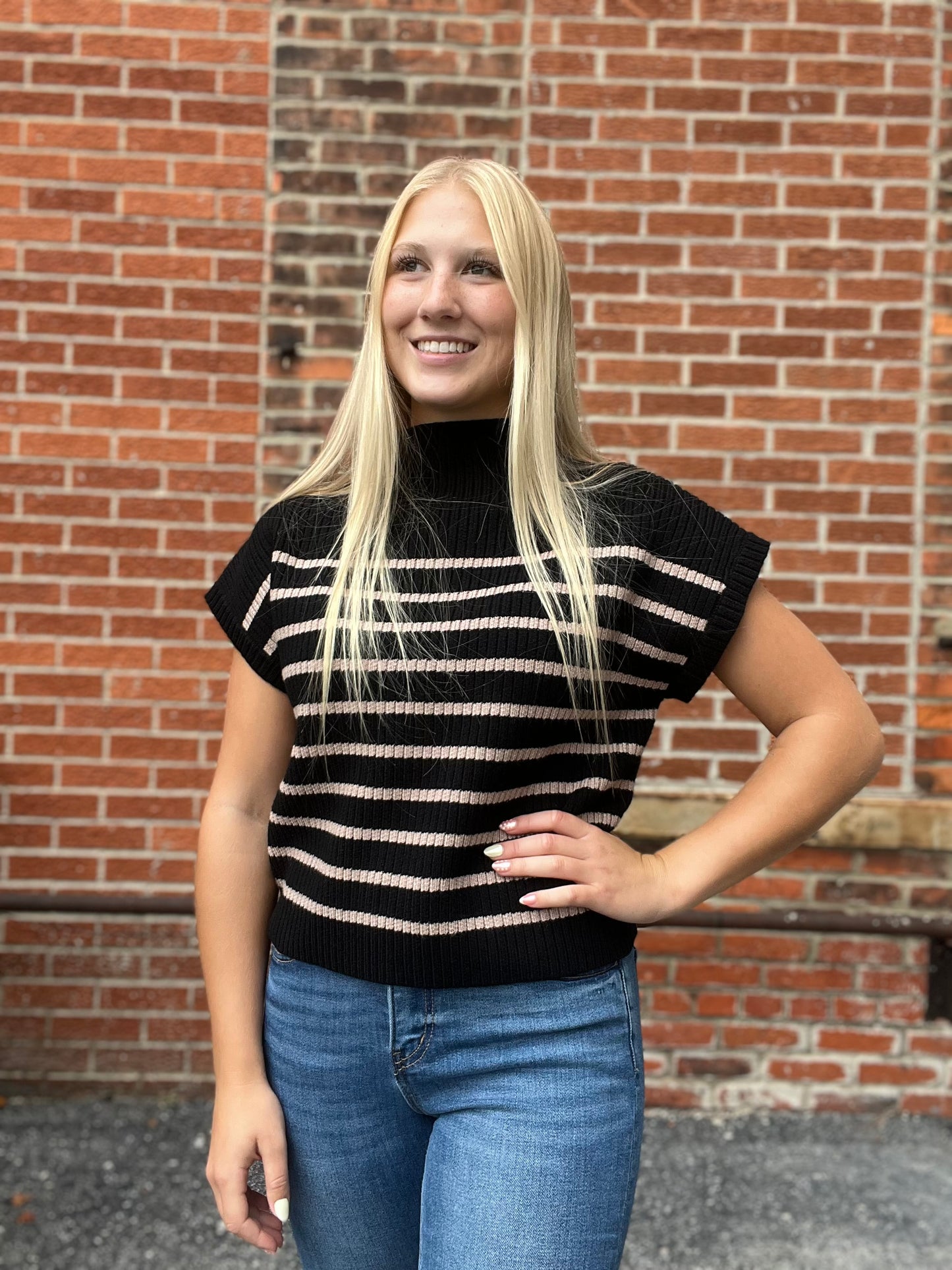 The Lara Striped Mock Neck Knit Sweater