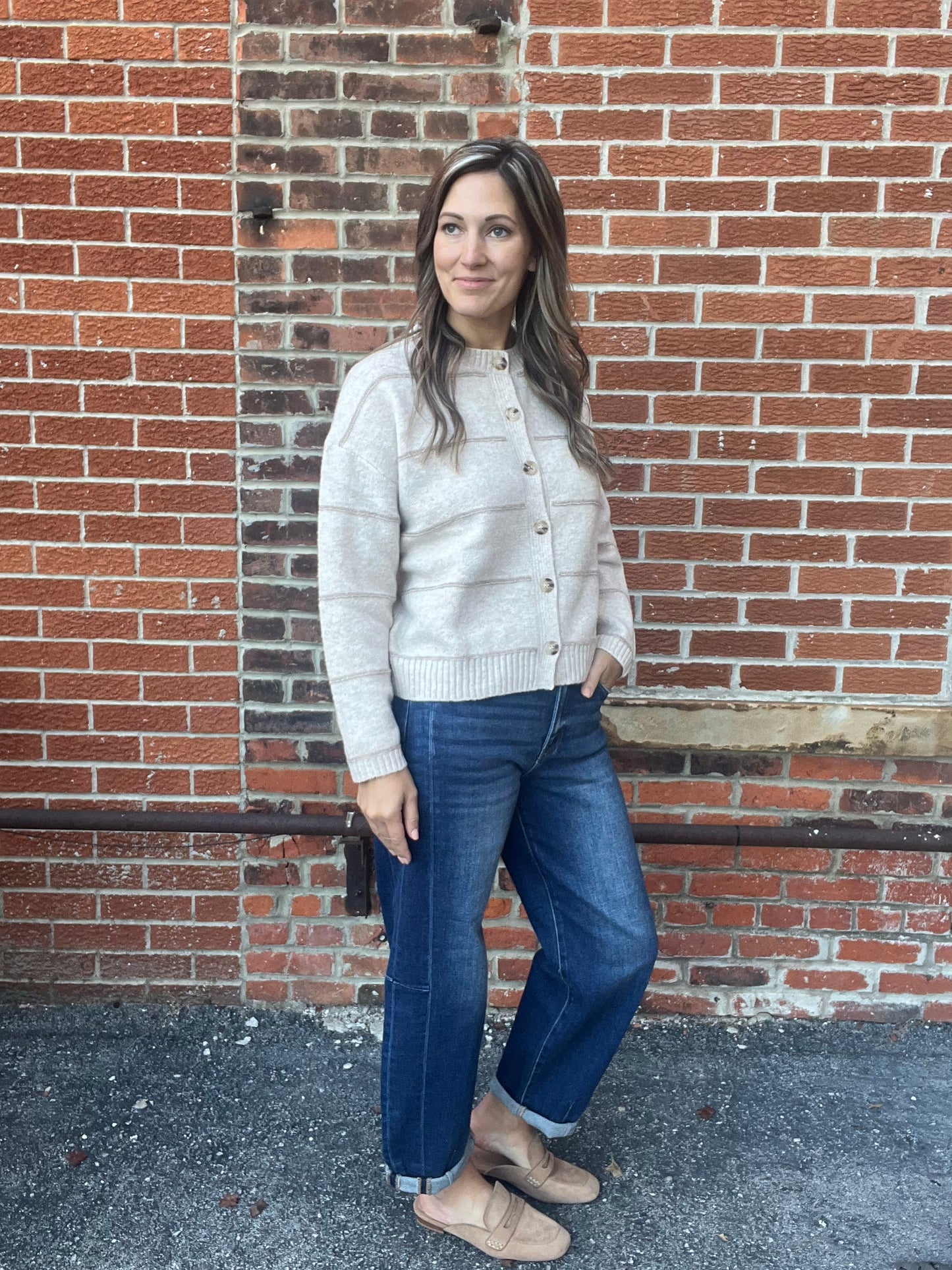 The Andi Oatmeal Stripe Button Down Cardigan