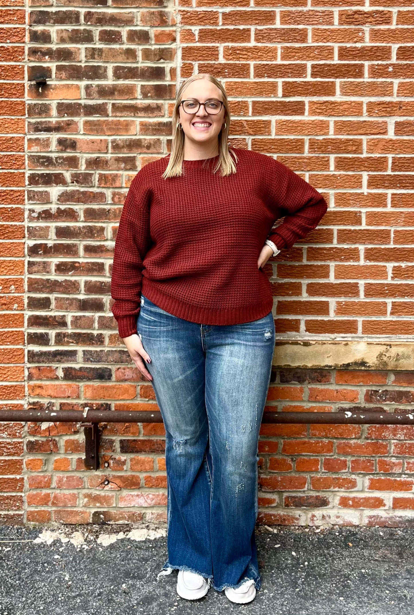 The Tamara Rust Curvy Waffle Knit Sweater