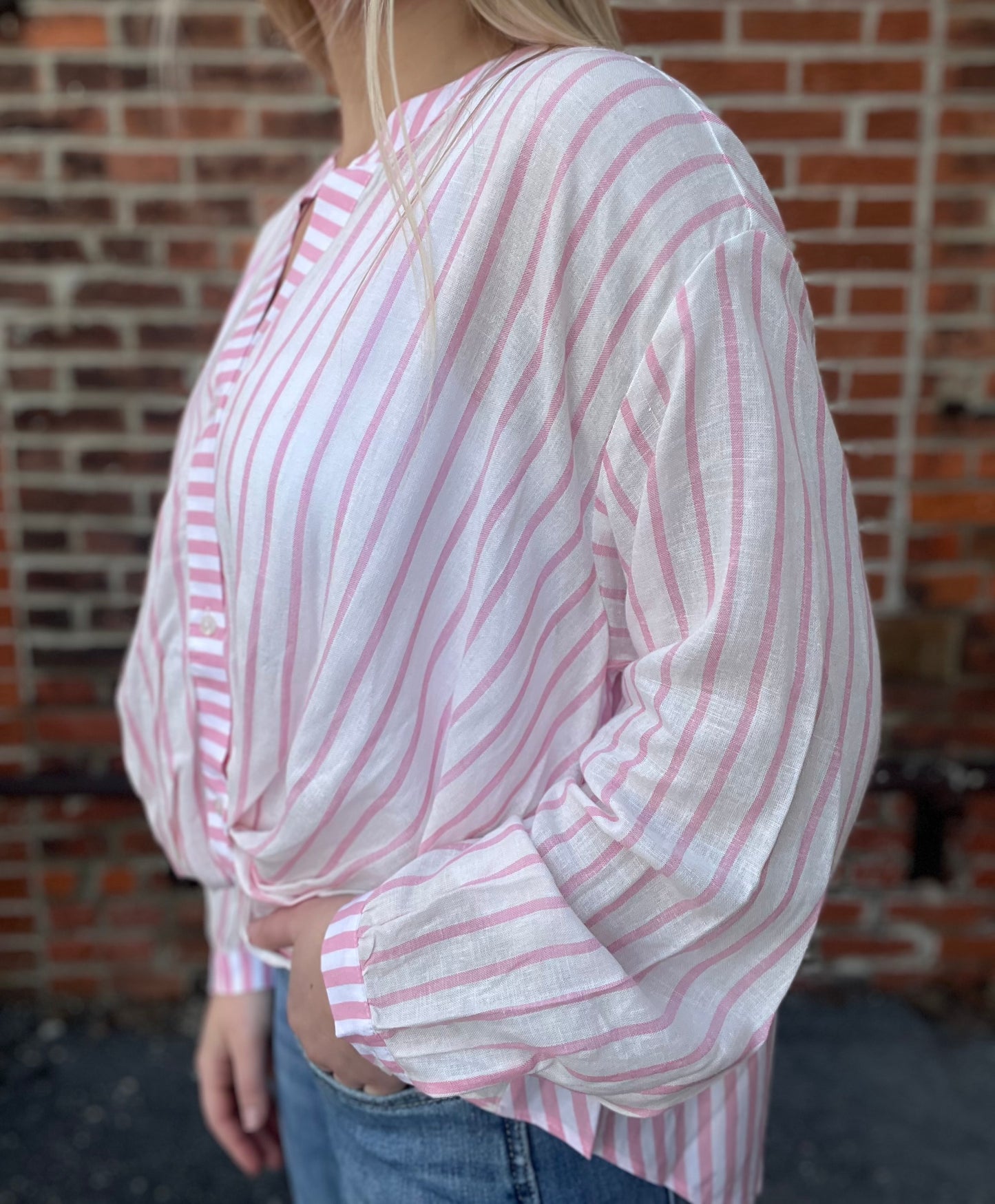The Marlowe Twist Front Striped High Low Top