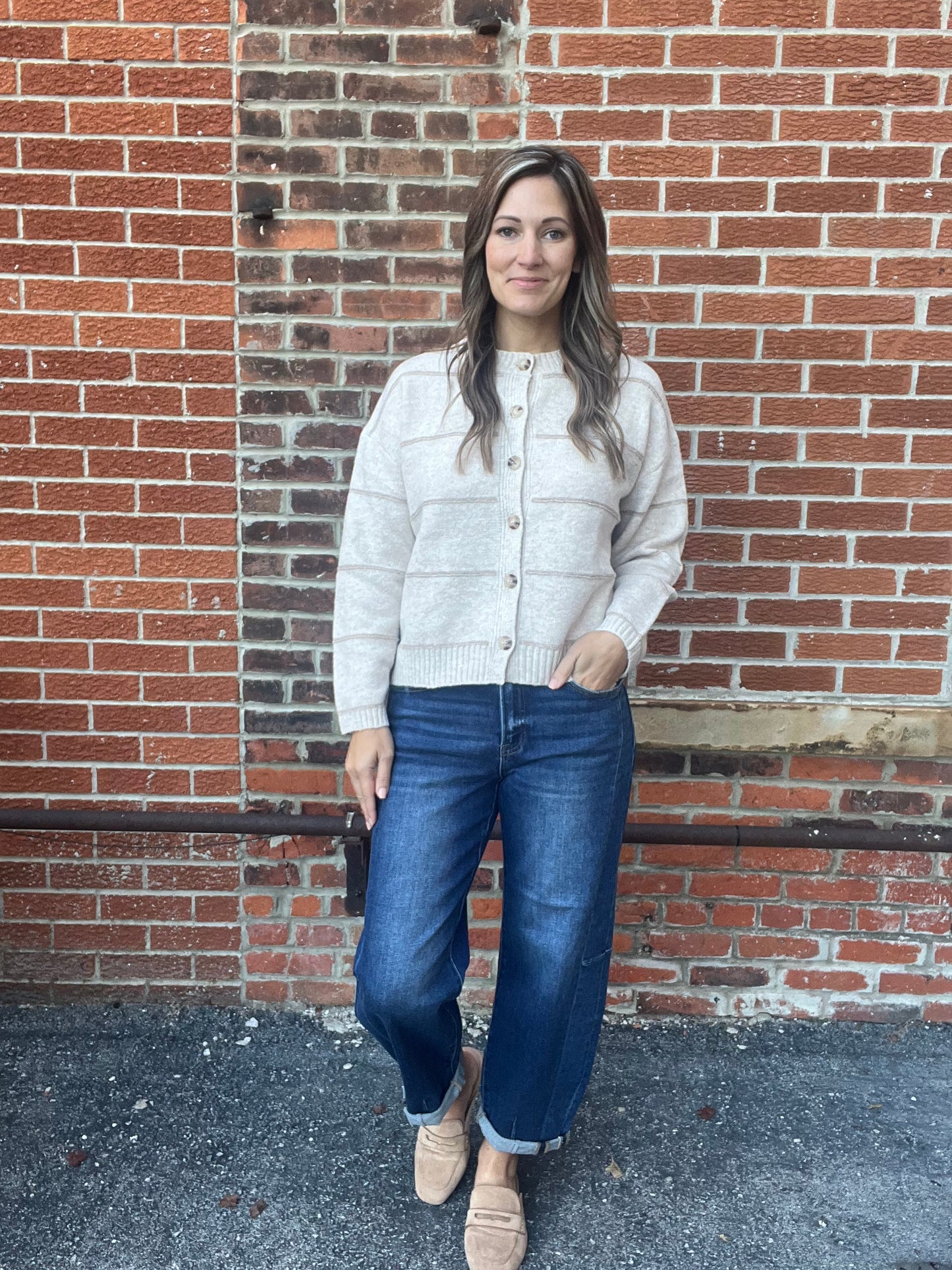 The Andi Oatmeal Stripe Button Down Cardigan