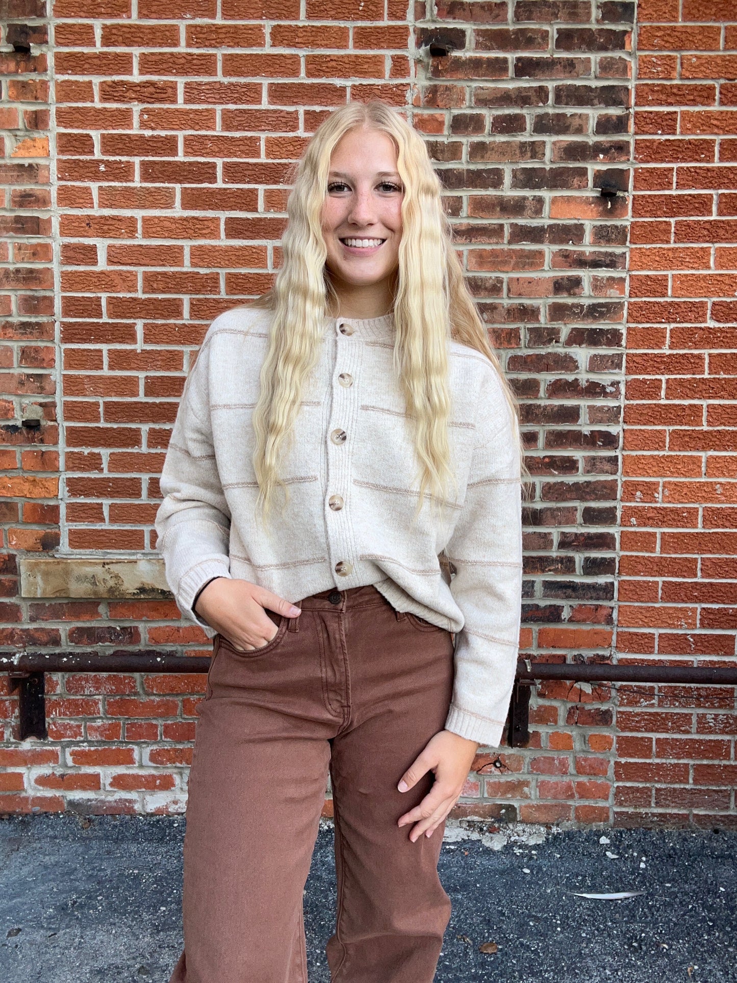 The Andi Oatmeal Stripe Button Down Cardigan