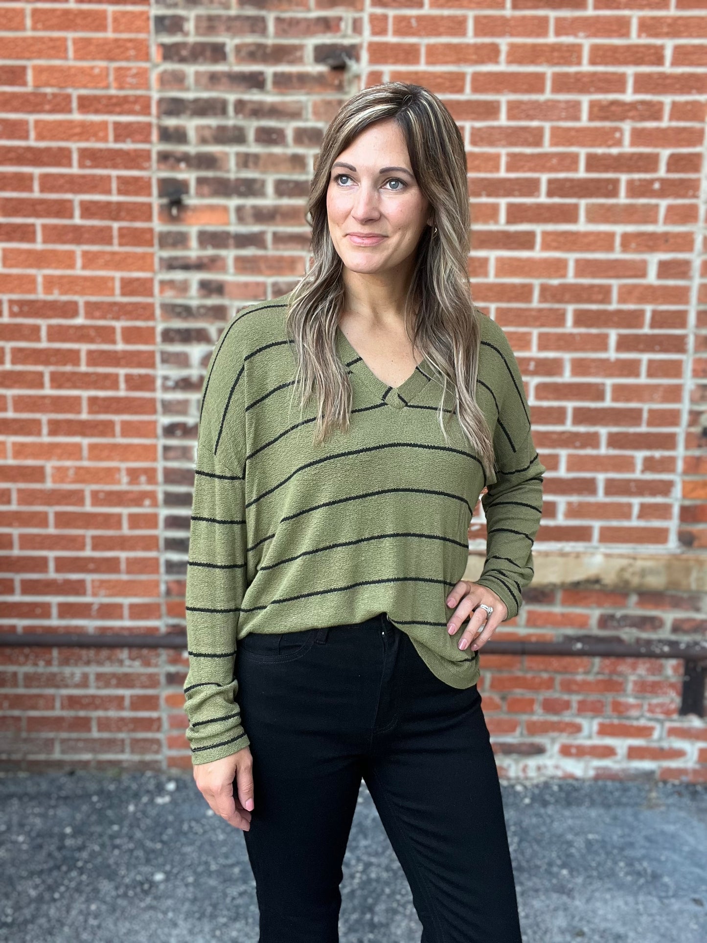 The Regie Olive Striped Long Sleeve Top