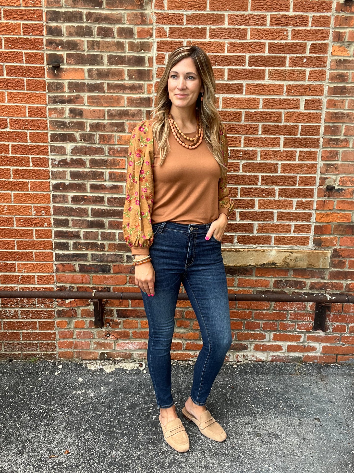 The Raligh Top with Floral Printed Sleeves