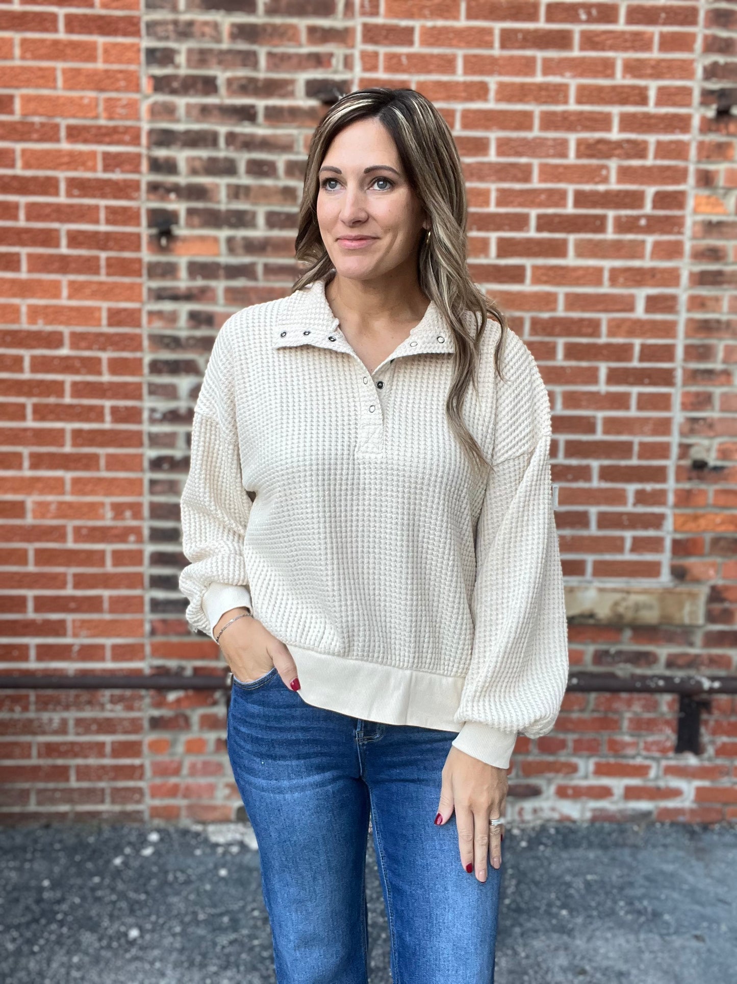 The Bricklynn Waffle Knit Quarter Snap Pull Over