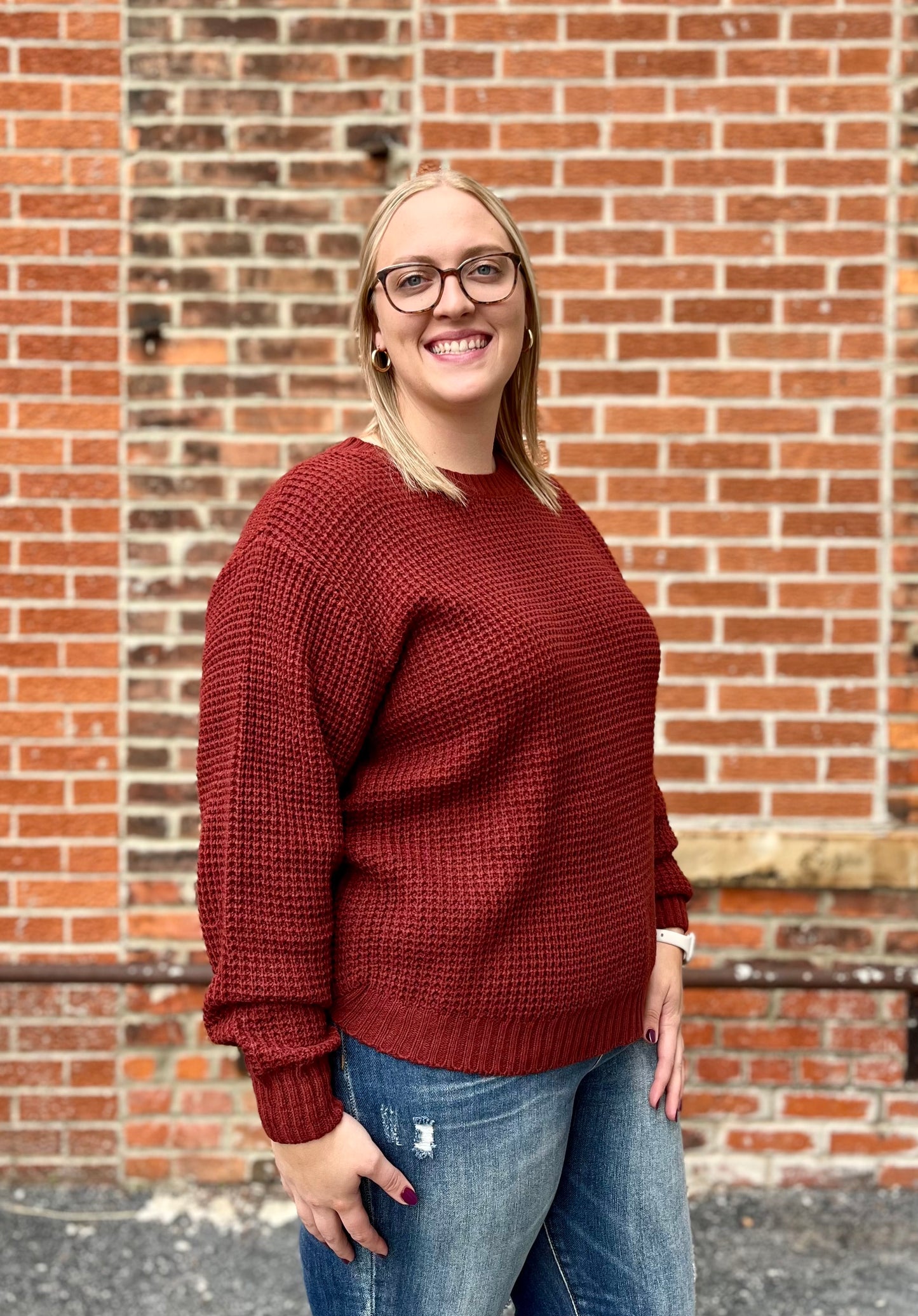 The Tamara Rust Curvy Waffle Knit Sweater