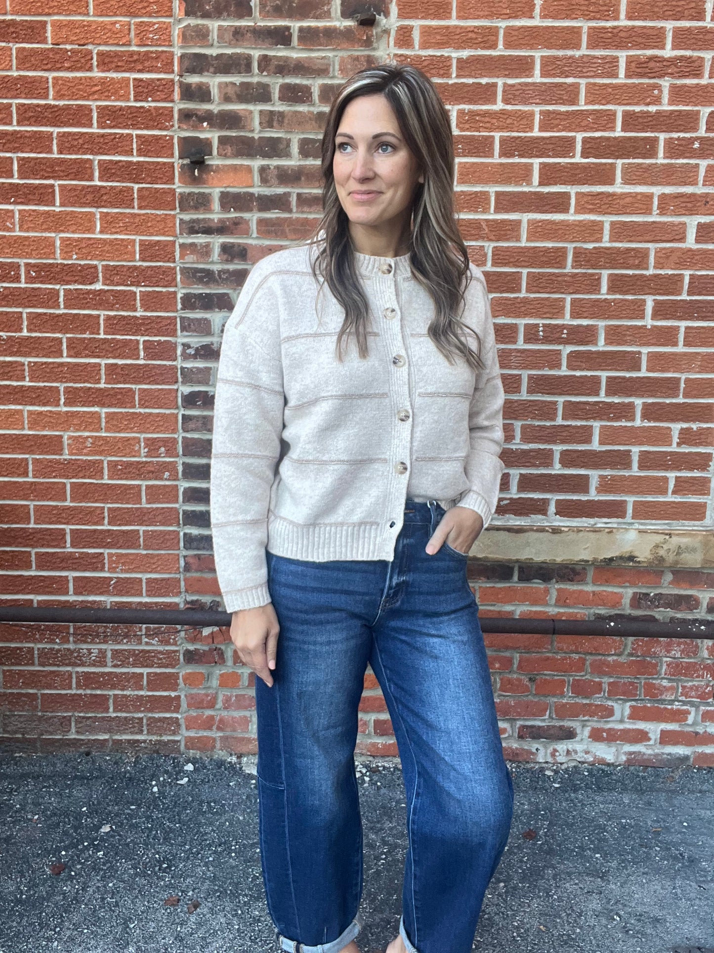 The Andi Oatmeal Stripe Button Down Cardigan