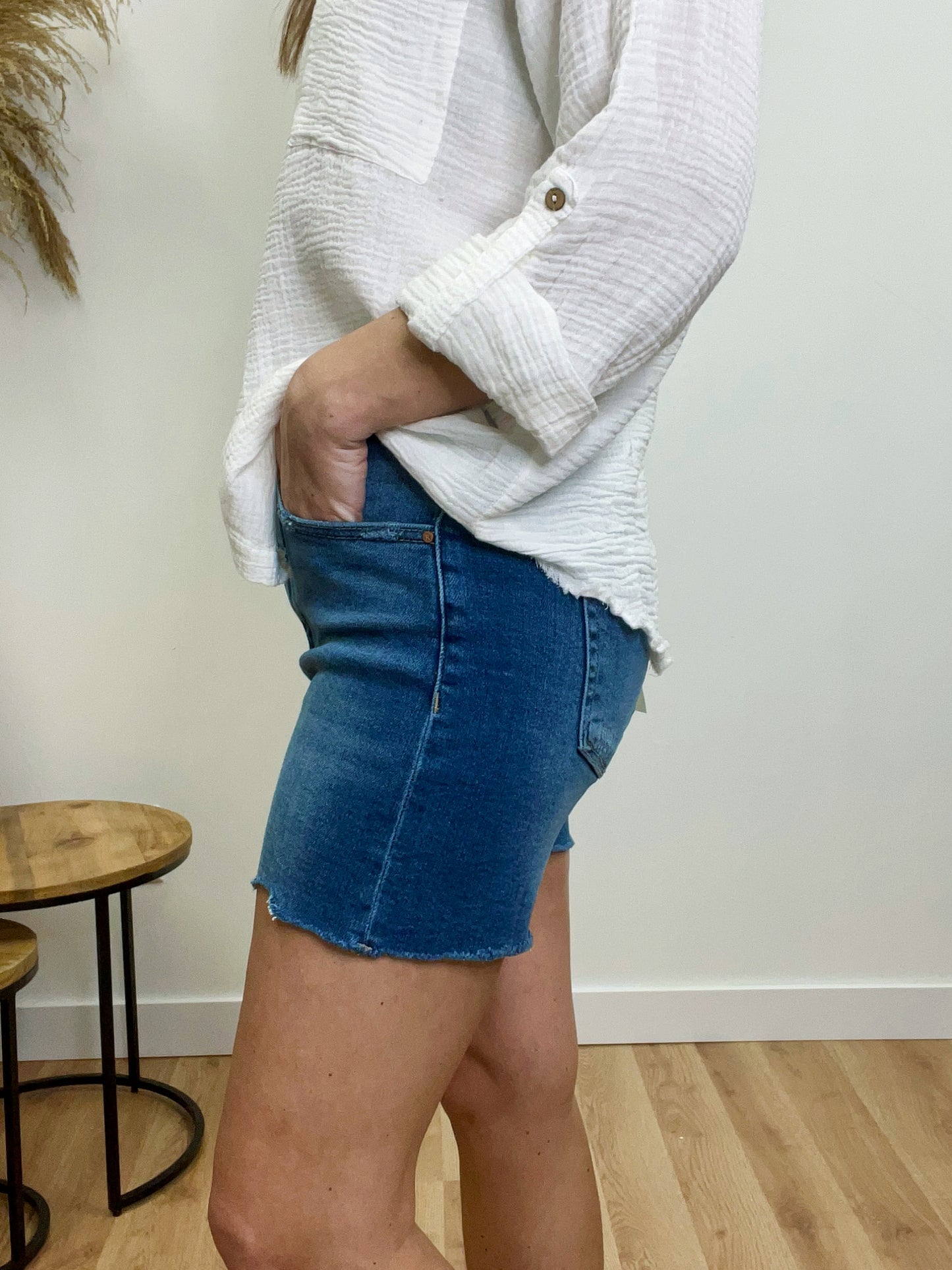 The Nimah RISEN High Rise Raw Hem Shorts