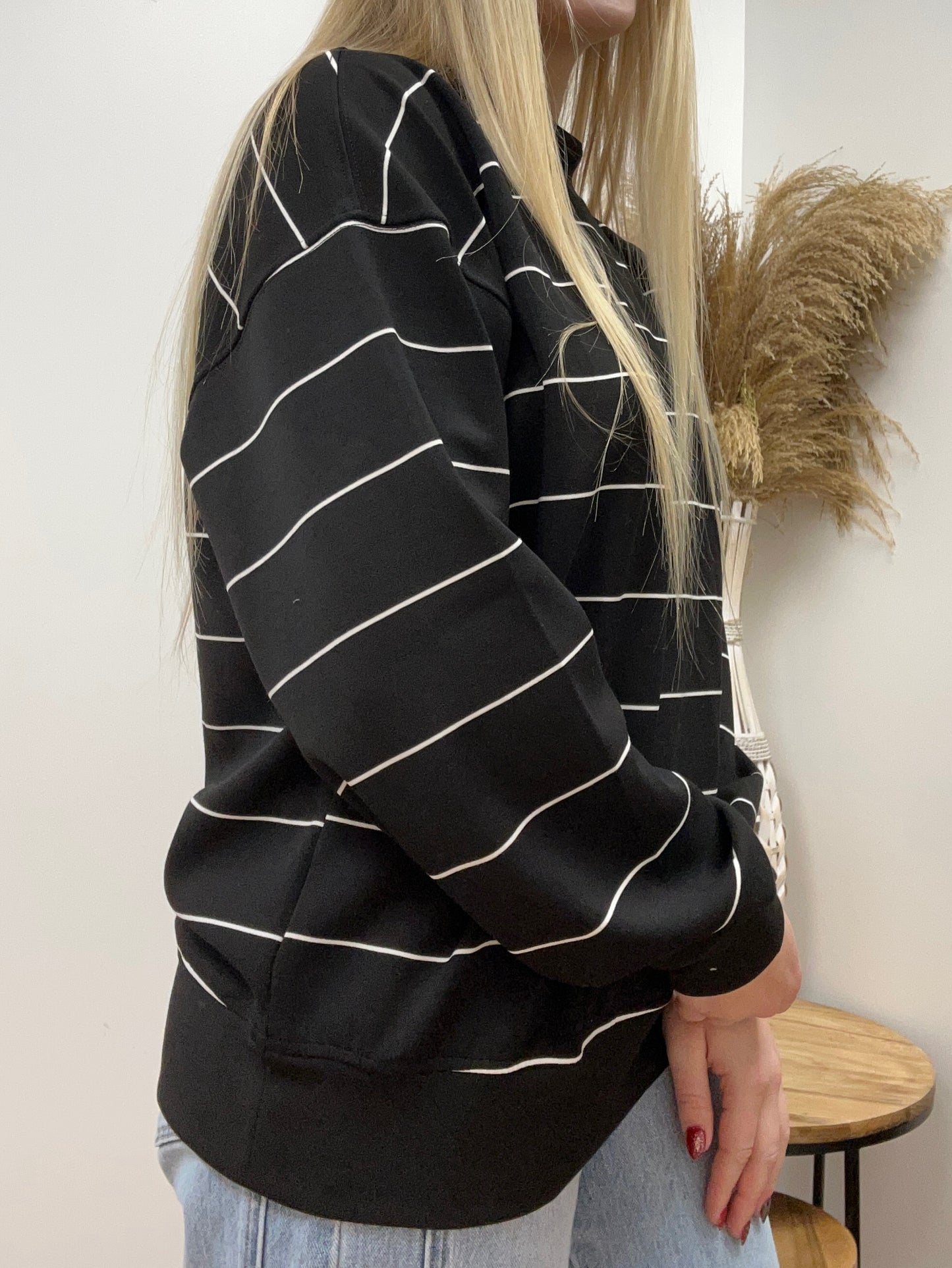 The Tess Poly Striped Black Top