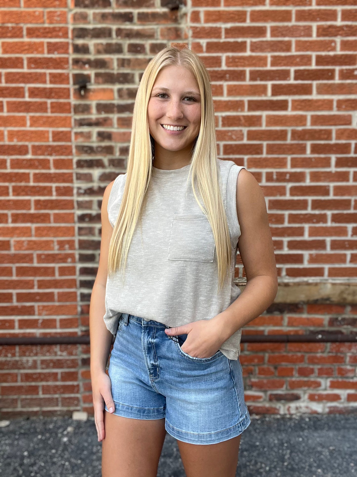The Olivara Crew Neck Sleeveless Sand Top