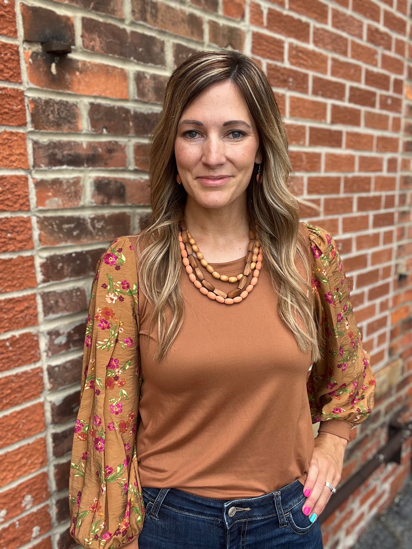 The Raligh Top with Floral Printed Sleeves