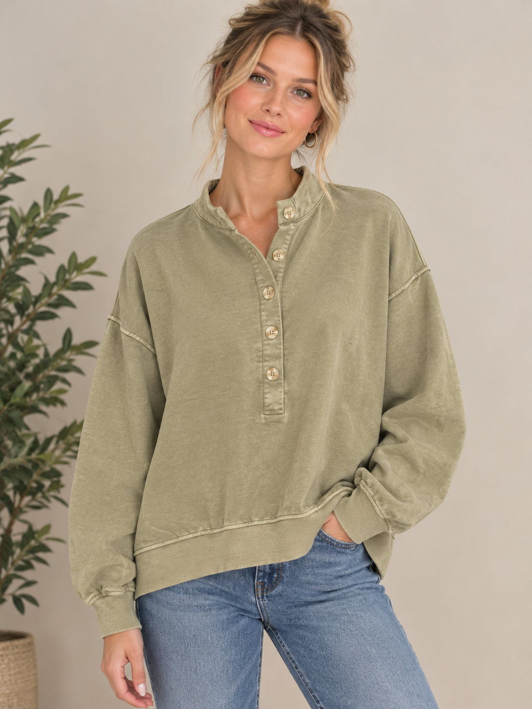The Roly Light Olive Mock Neck Henley