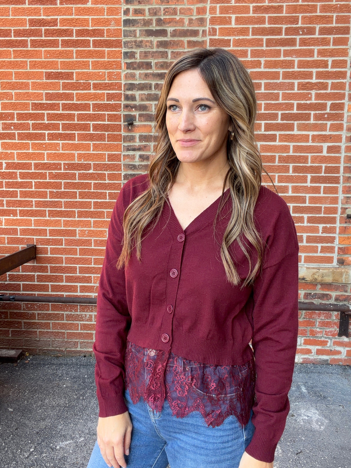 The Ellison Wine V-Neck Sweater Lace Waistband