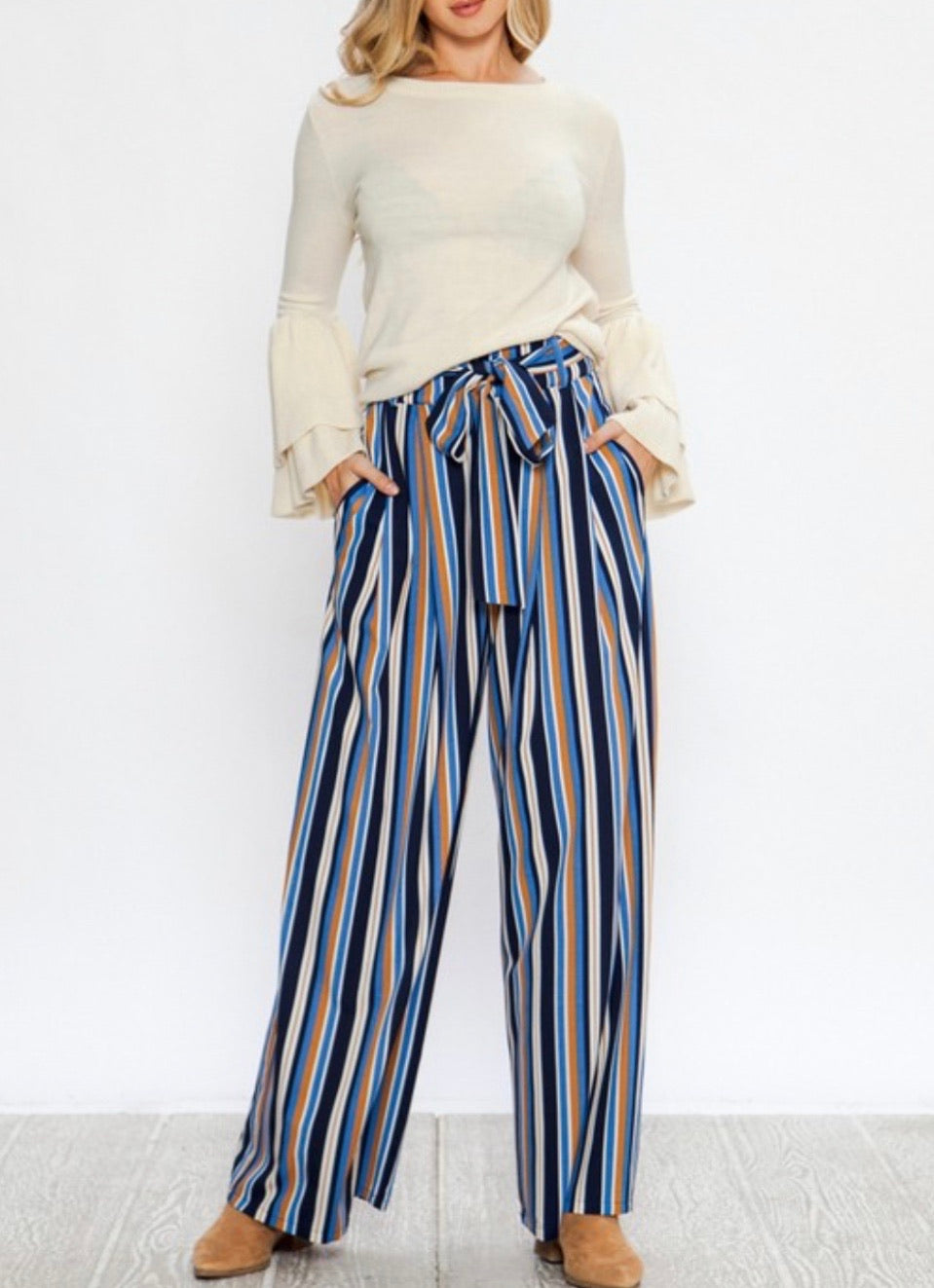 Navy and white striped wide leg trousers best sale