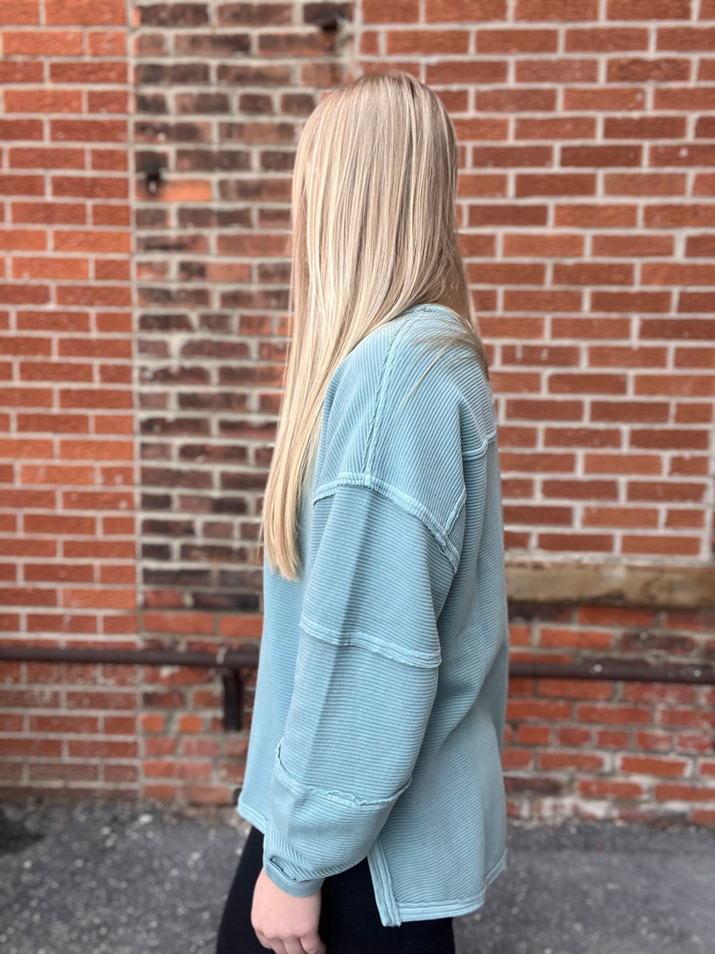 The Soren Dusty Blue Exposed Seam Knit Top
