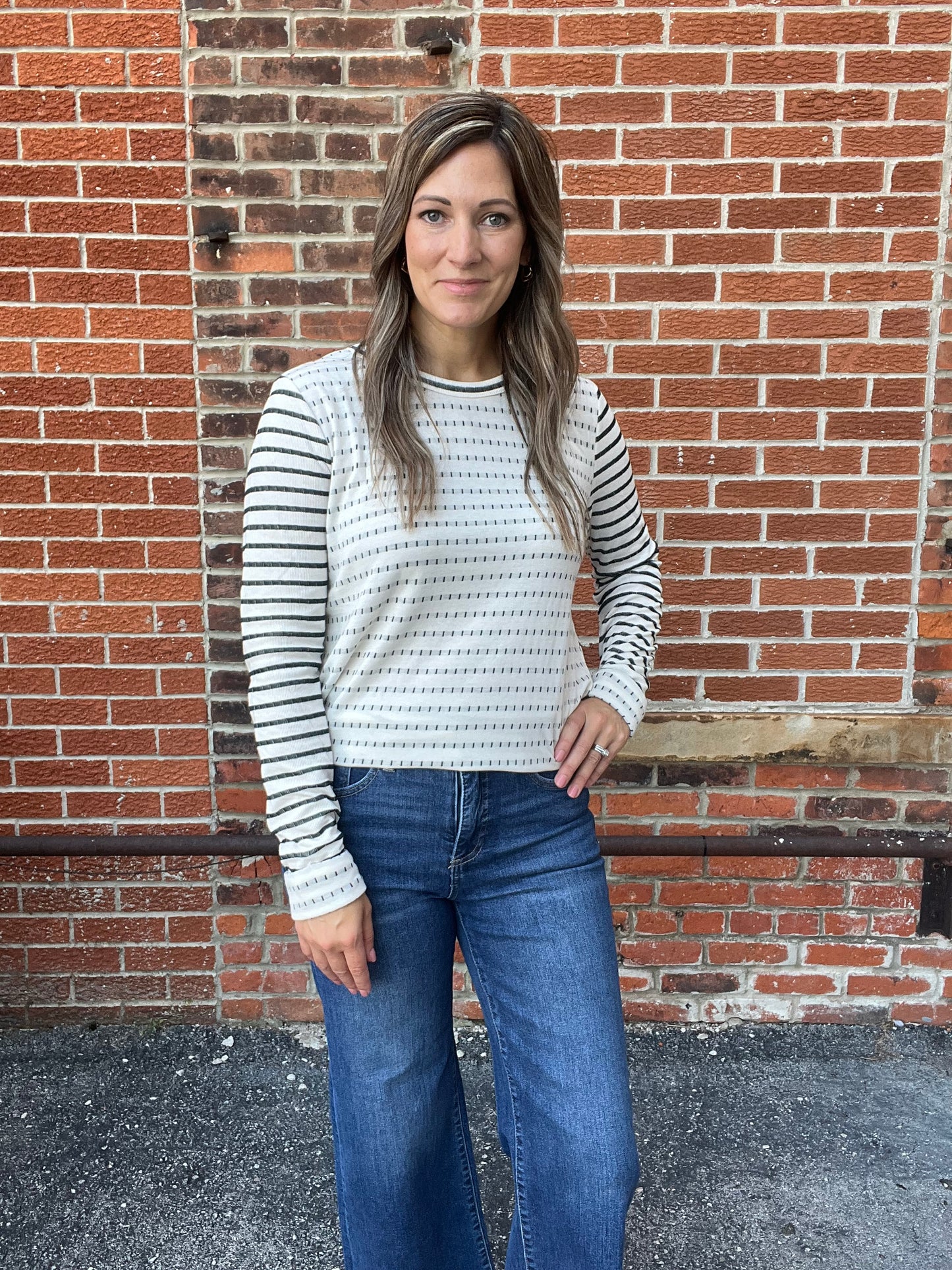 The Huxley Long Sleeve Ivory and Green Top