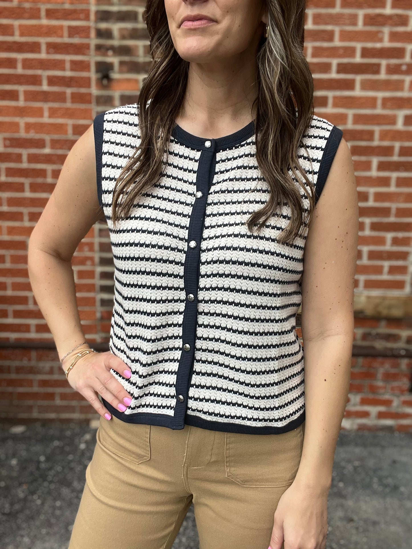 The Caspen Sleeveless Stripe Knit Button Down top