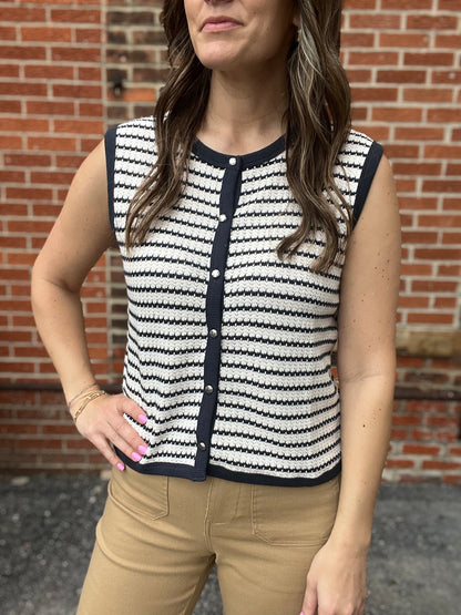 The Caspen Sleeveless Stripe Knit Button Down top