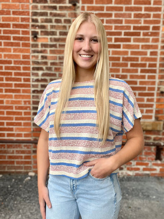 The Eira Tweed Textured Striped Crop Knit Top