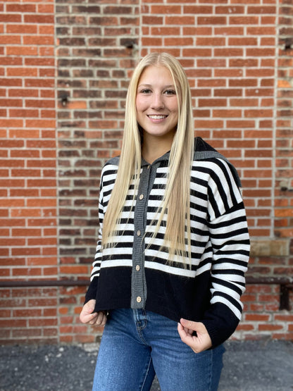 The Sable Sailor Collar Striped Button Up Sweater