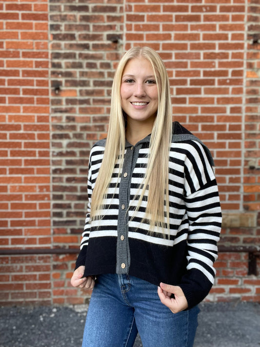 The Sable Sailor Collar Striped Button Up Sweater