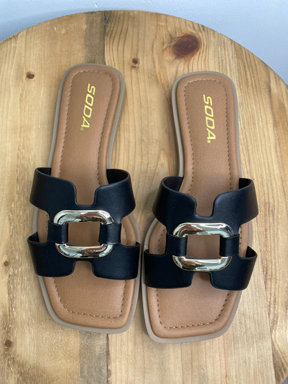 Faux Leather Chic Buckle Slip On Flat Slide Sandals