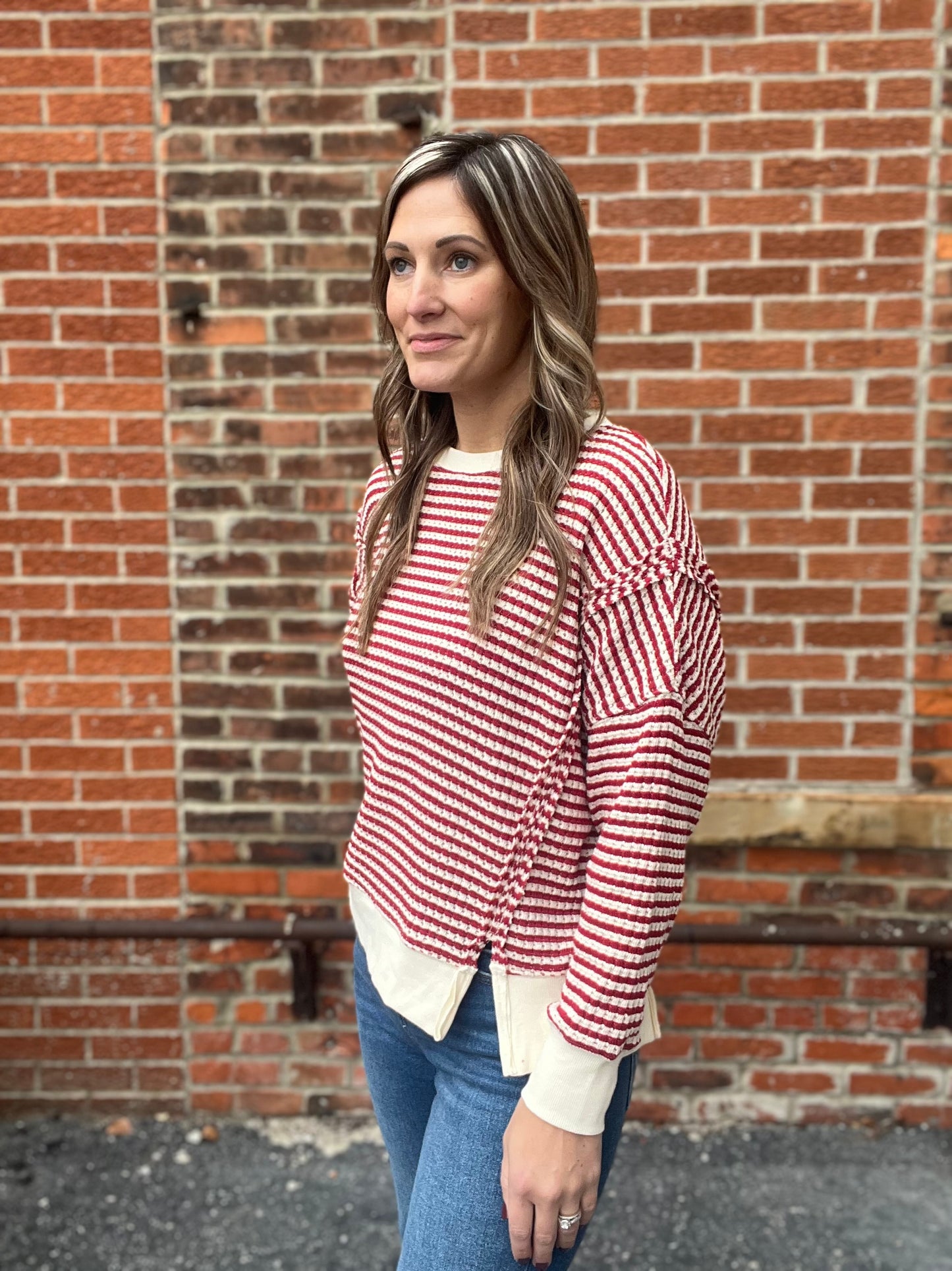 The Nelle Red And Cream Striped Long Sleeve Top
