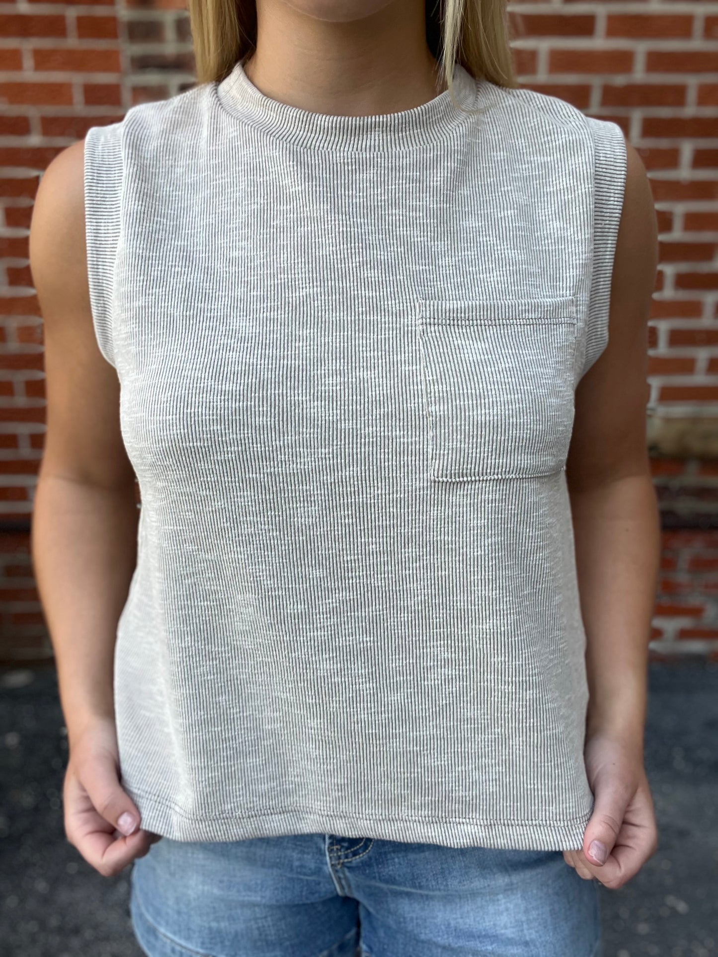 The Olivara Crew Neck Sleeveless Sand Top