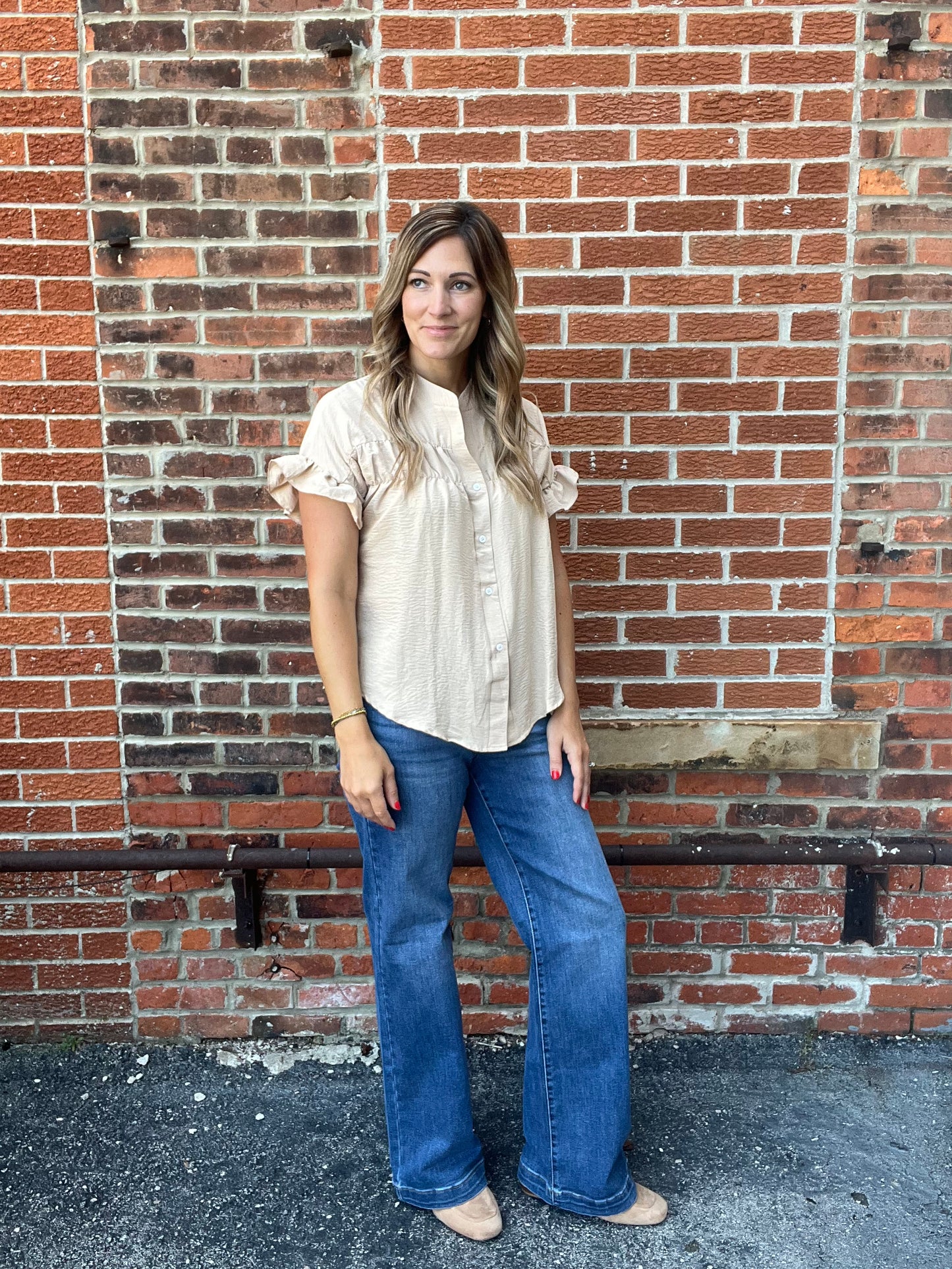 The Sailor Beige Ruffled Sleeve Top