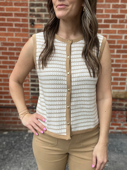 The Caspen Sleeveless Stripe Knit Button Down top