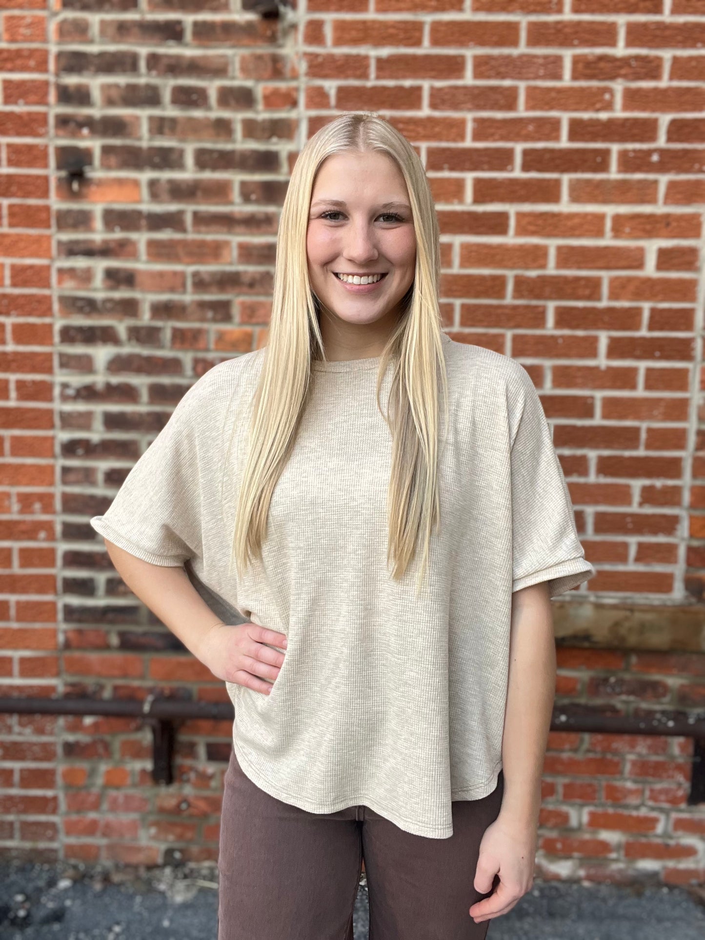 The Maris Oatmeal Dolman Short Sleeve Knit Top