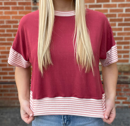 The Arlo Solid Half Sleeve Crop Top With Striped Sleeves