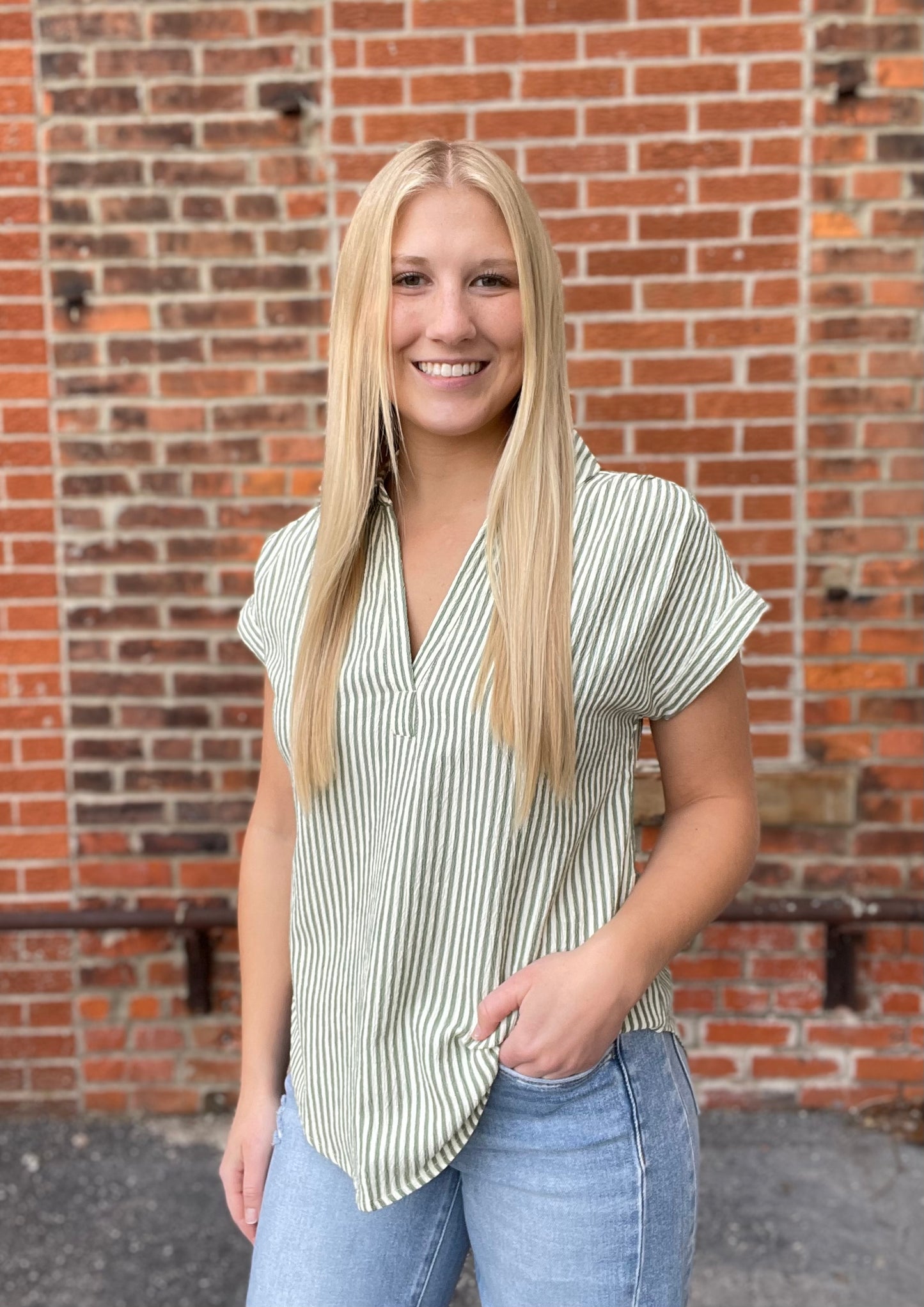 The Delaney Stripe Collared V Neckline Shirt