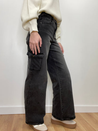 The Sabrina High Waist Wide Leg Black Cargo Jeans