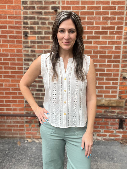 The Tess Lace Detailed Sleeveless Button Down Top